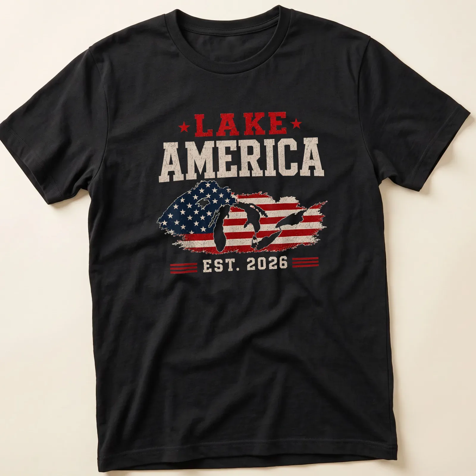 Vintage distressed Lake America T-shirt with patriotic text — printed on a unisex t-shirt