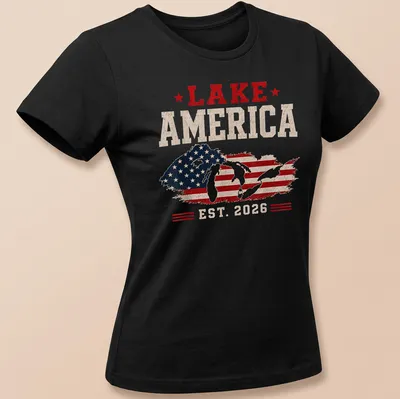 Vintage distressed Lake America T-shirt with patriotic text — printed on a women's shirt