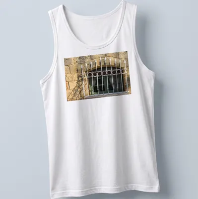 Realistic green arched window t-shirt with white wrought iron bars — printed on a tank top