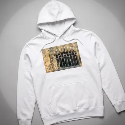 Realistic green arched window t-shirt with white wrought iron bars — printed on a unisex hoodie