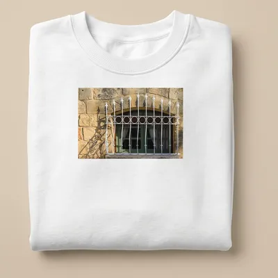 Realistic green arched window t-shirt with white wrought iron bars — printed on a unisex sweatshirt