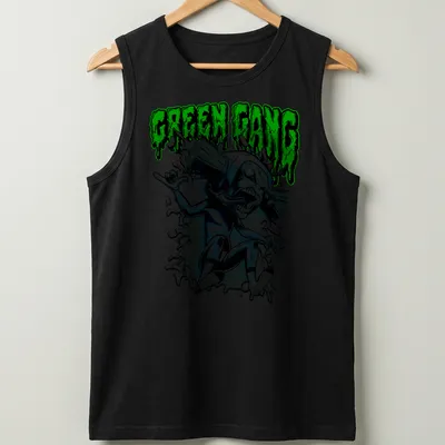 Comic book style t-shirt featuring a green monster with 'GREEN GANG' text. — printed on a tank top