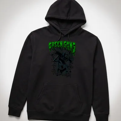Comic book style t-shirt featuring a green monster with 'GREEN GANG' text. — printed on a unisex hoodie