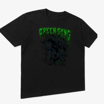 Comic book style t-shirt featuring a green monster with 'GREEN GANG' text. — printed on a unisex t-shirt (angled view)