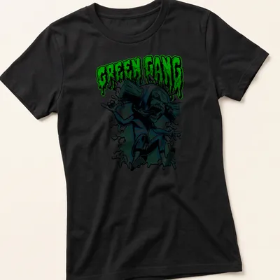 Comic book style t-shirt featuring a green monster with 'GREEN GANG' text. — printed on a women's shirt