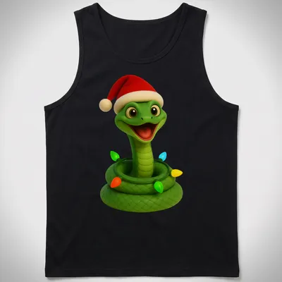 Cartoon green mamba snake playfully wrapped in colorful Christmas lights — printed on a tank top