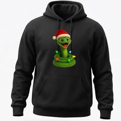 Cartoon green mamba snake playfully wrapped in colorful Christmas lights — printed on a unisex hoodie