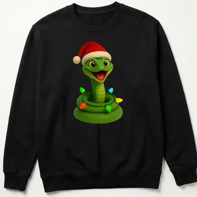 Cartoon green mamba snake playfully wrapped in colorful Christmas lights — printed on a unisex sweatshirt