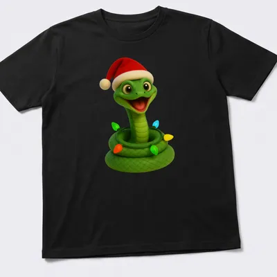 Cartoon green mamba snake playfully wrapped in colorful Christmas lights