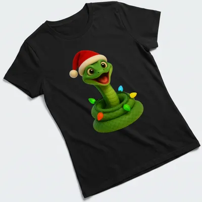 Cartoon green mamba snake playfully wrapped in colorful Christmas lights — printed on a women's shirt