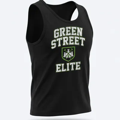 Vintage distressed t-shirt featuring a shield with crossed tools and 'Green Street Elite' text — printed on a tank top
