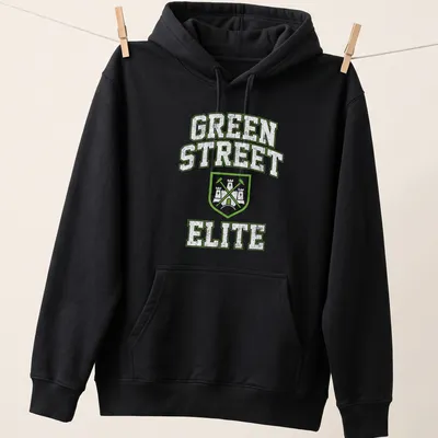 Vintage distressed t-shirt featuring a shield with crossed tools and 'Green Street Elite' text — printed on a unisex hoodie