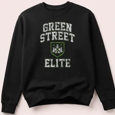Vintage distressed t-shirt featuring a shield with crossed tools and 'Green Street Elite' text — printed on a unisex sweatshirt