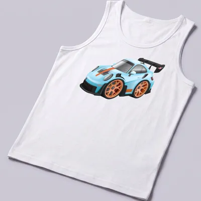 Cartoon graphic of a GT3 RS sports car in light blue and orange — printed on a tank top
