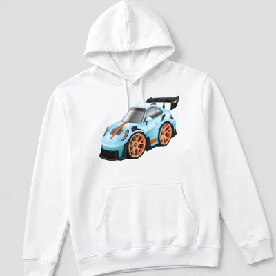 Cartoon graphic of a GT3 RS sports car in light blue and orange — printed on a unisex hoodie