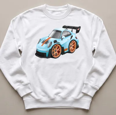 Cartoon graphic of a GT3 RS sports car in light blue and orange — printed on a unisex sweatshirt