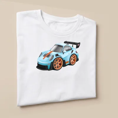 Cartoon graphic of a GT3 RS sports car in light blue and orange — printed on a unisex t-shirt (angled view)