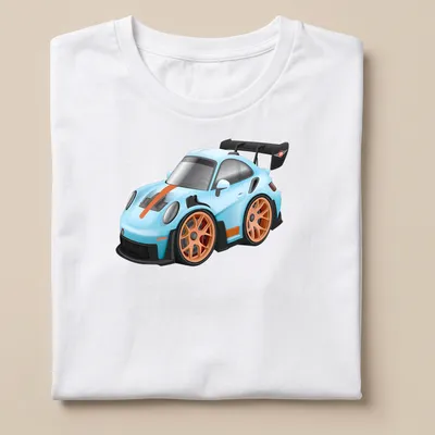 Cartoon graphic of a GT3 RS sports car in light blue and orange
