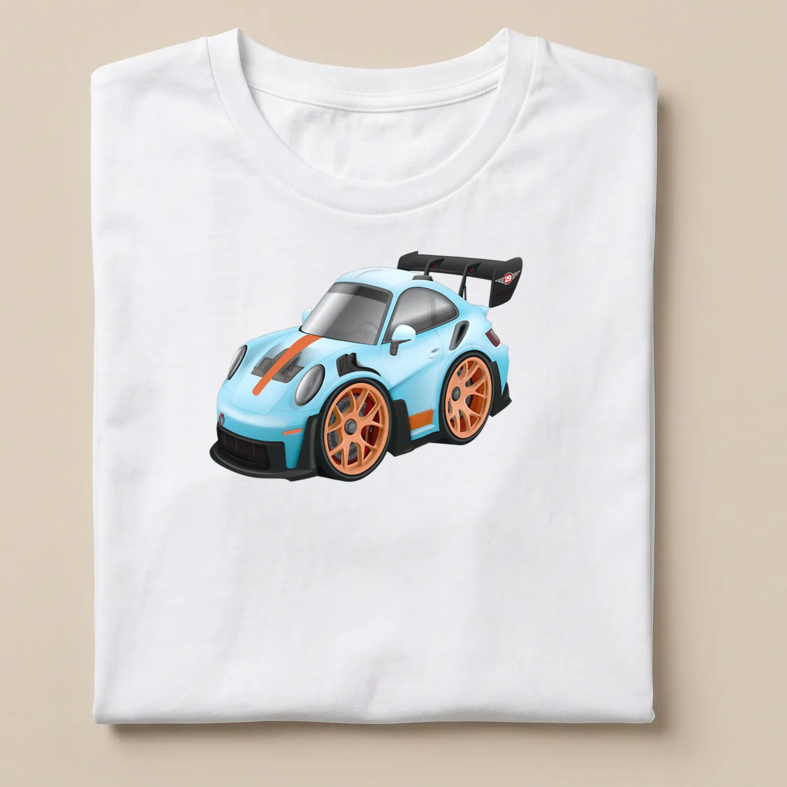 Cartoon graphic of a GT3 RS sports car in light blue and orange — printed on a unisex t-shirt