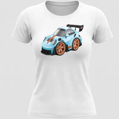 Cartoon graphic of a GT3 RS sports car in light blue and orange — printed on a women's shirt