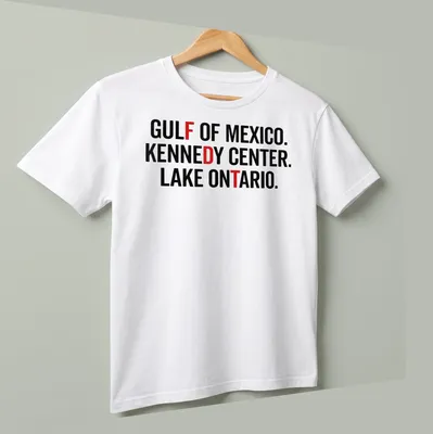 Vintage retro print featuring Gulf Of Mexico, Kennedy Center, and Lake Ontario — printed on a unisex t-shirt (angled view)