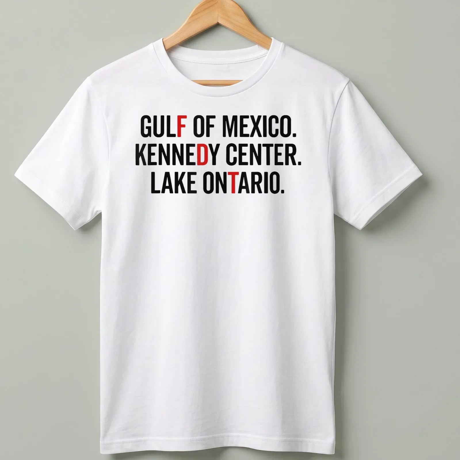 Vintage retro print featuring Gulf Of Mexico, Kennedy Center, and Lake Ontario — printed on a unisex t-shirt