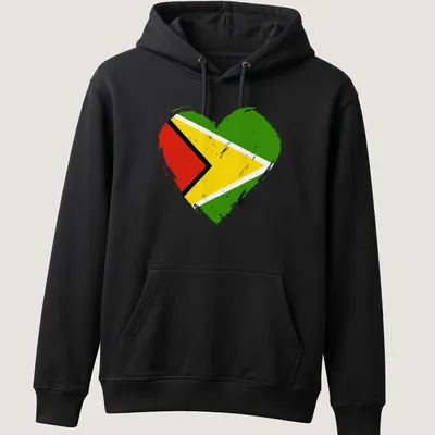 Distressed heart design showcasing the Guyana flag colors — printed on a unisex hoodie