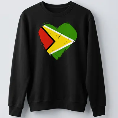 Distressed heart design showcasing the Guyana flag colors — printed on a unisex sweatshirt