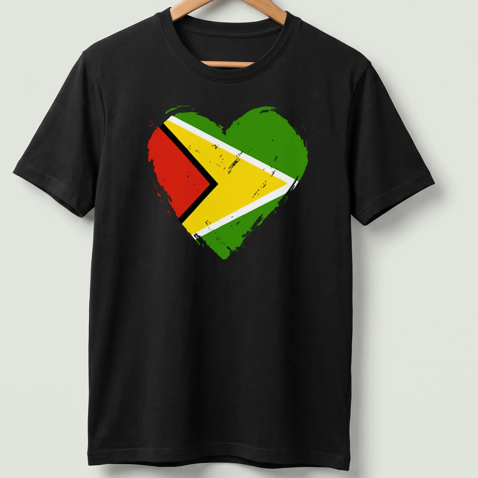 Distressed heart design showcasing the Guyana flag colors — printed on a unisex t-shirt