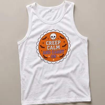 Vintage Halloween shirt with skull and bats around the phrase Creep Calm and Carry On — printed on a tank top