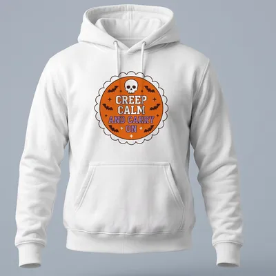 Vintage Halloween shirt with skull and bats around the phrase Creep Calm and Carry On — printed on a unisex hoodie