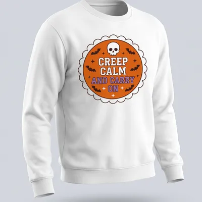 Vintage Halloween shirt with skull and bats around the phrase Creep Calm and Carry On — printed on a unisex sweatshirt