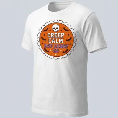 Vintage Halloween shirt with skull and bats around the phrase Creep Calm and Carry On