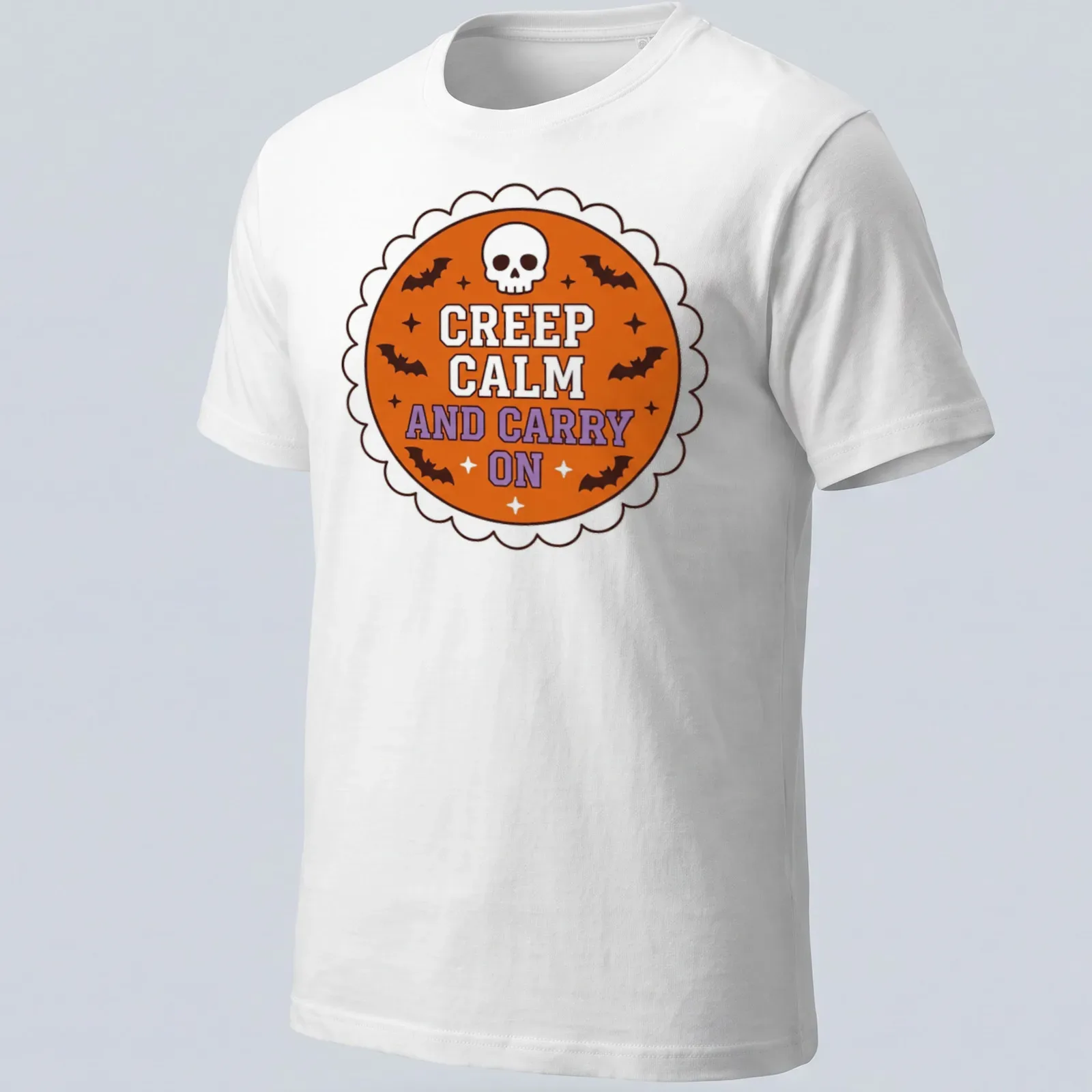 Vintage Halloween shirt with skull and bats around the phrase Creep Calm and Carry On — printed on a unisex t-shirt