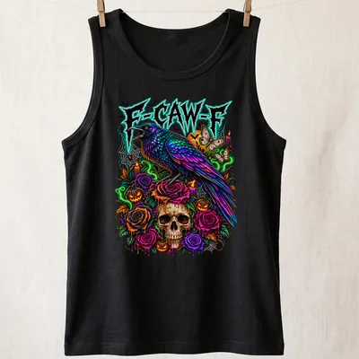 Colorful gothic print featuring a crow, skull, and roses with text F-CAW-F — printed on a tank top
