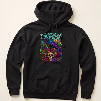 Colorful gothic print featuring a crow, skull, and roses with text F-CAW-F — printed on a unisex hoodie