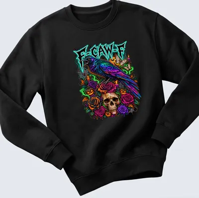 Colorful gothic print featuring a crow, skull, and roses with text F-CAW-F — printed on a unisex sweatshirt