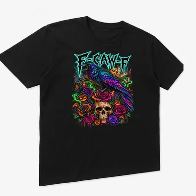 Colorful gothic print featuring a crow, skull, and roses with text F-CAW-F — printed on a unisex t-shirt (angled view)