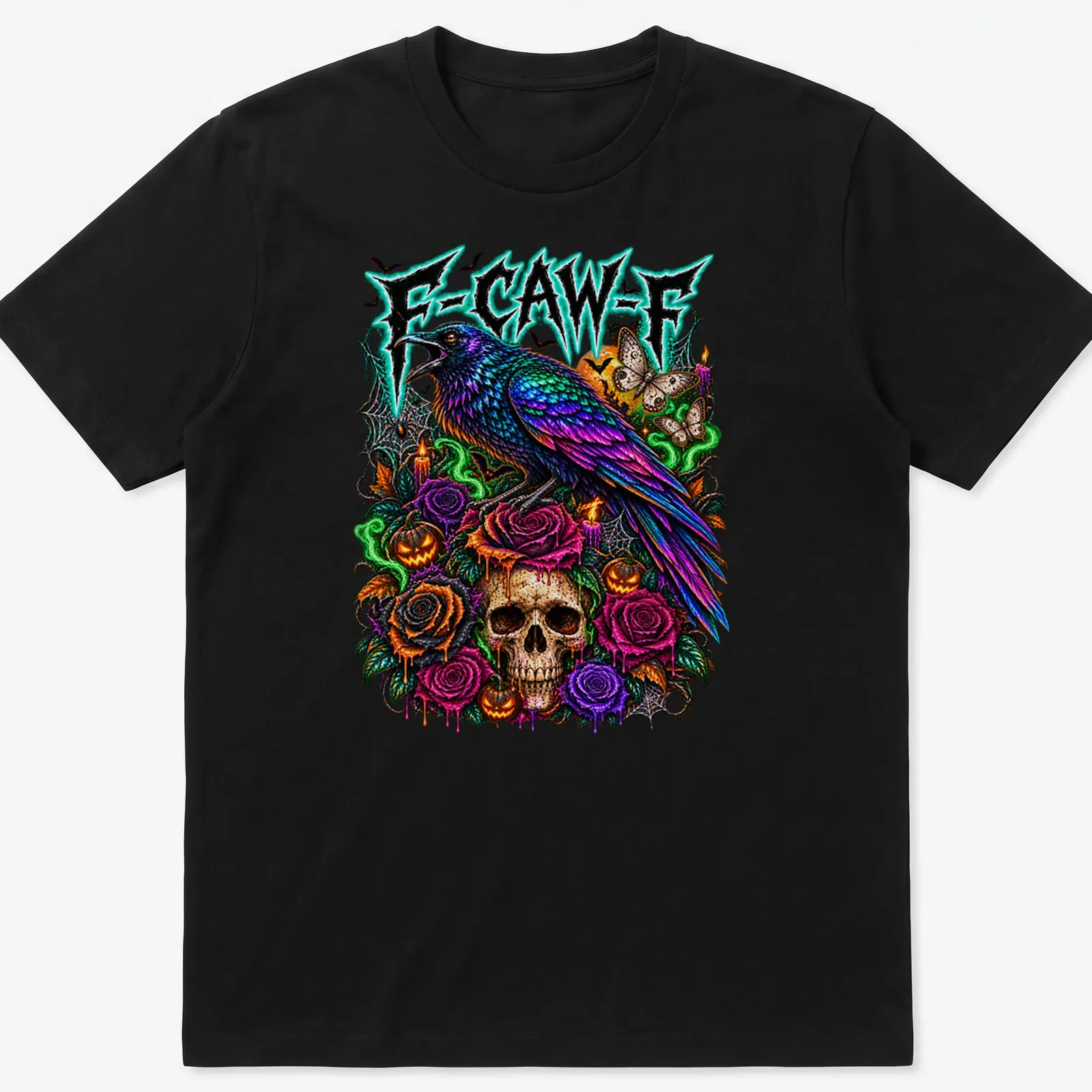 Colorful gothic print featuring a crow, skull, and roses with text F-CAW-F — printed on a unisex t-shirt