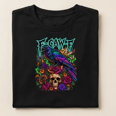 Colorful gothic print featuring a crow, skull, and roses with text F-CAW-F — printed on a women's shirt