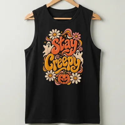 Vintage colorful Halloween shirt with ghosts and pumpkin, featuring 'Stay Creepy' text — printed on a tank top
