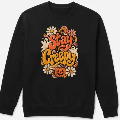 Vintage colorful Halloween shirt with ghosts and pumpkin, featuring 'Stay Creepy' text — printed on a unisex sweatshirt
