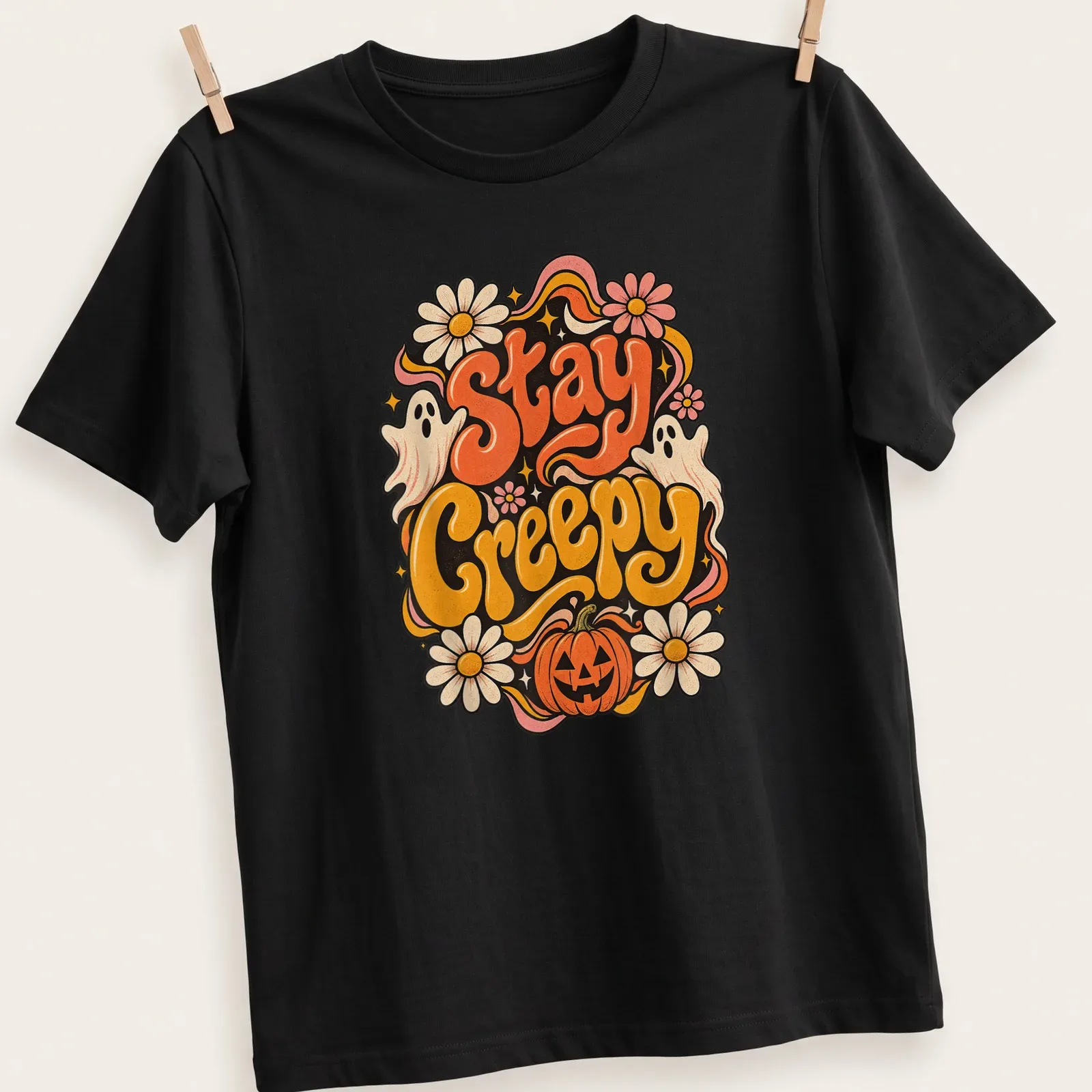 Vintage colorful Halloween shirt with ghosts and pumpkin, featuring 'Stay Creepy' text — printed on a unisex t-shirt