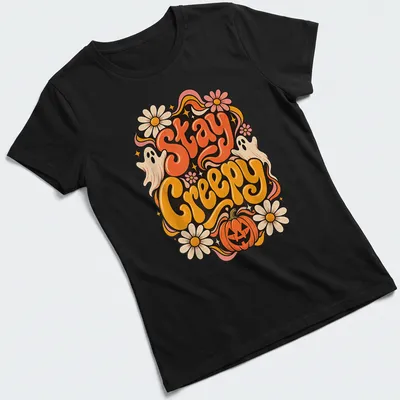 Vintage colorful Halloween shirt with ghosts and pumpkin, featuring 'Stay Creepy' text — printed on a women's shirt