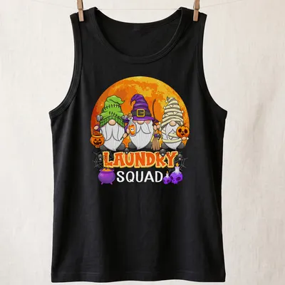 Cartoon Halloween gnomes with laundry theme and colorful text — printed on a tank top