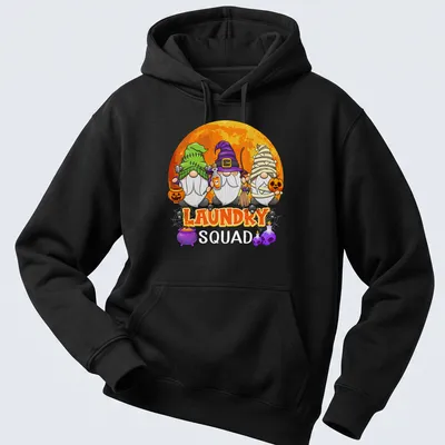 Cartoon Halloween gnomes with laundry theme and colorful text — printed on a unisex hoodie