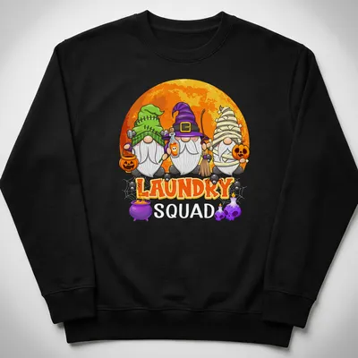 Cartoon Halloween gnomes with laundry theme and colorful text — printed on a unisex sweatshirt