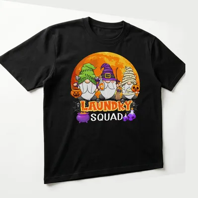Cartoon Halloween gnomes with laundry theme and colorful text — printed on a unisex t-shirt (angled view)