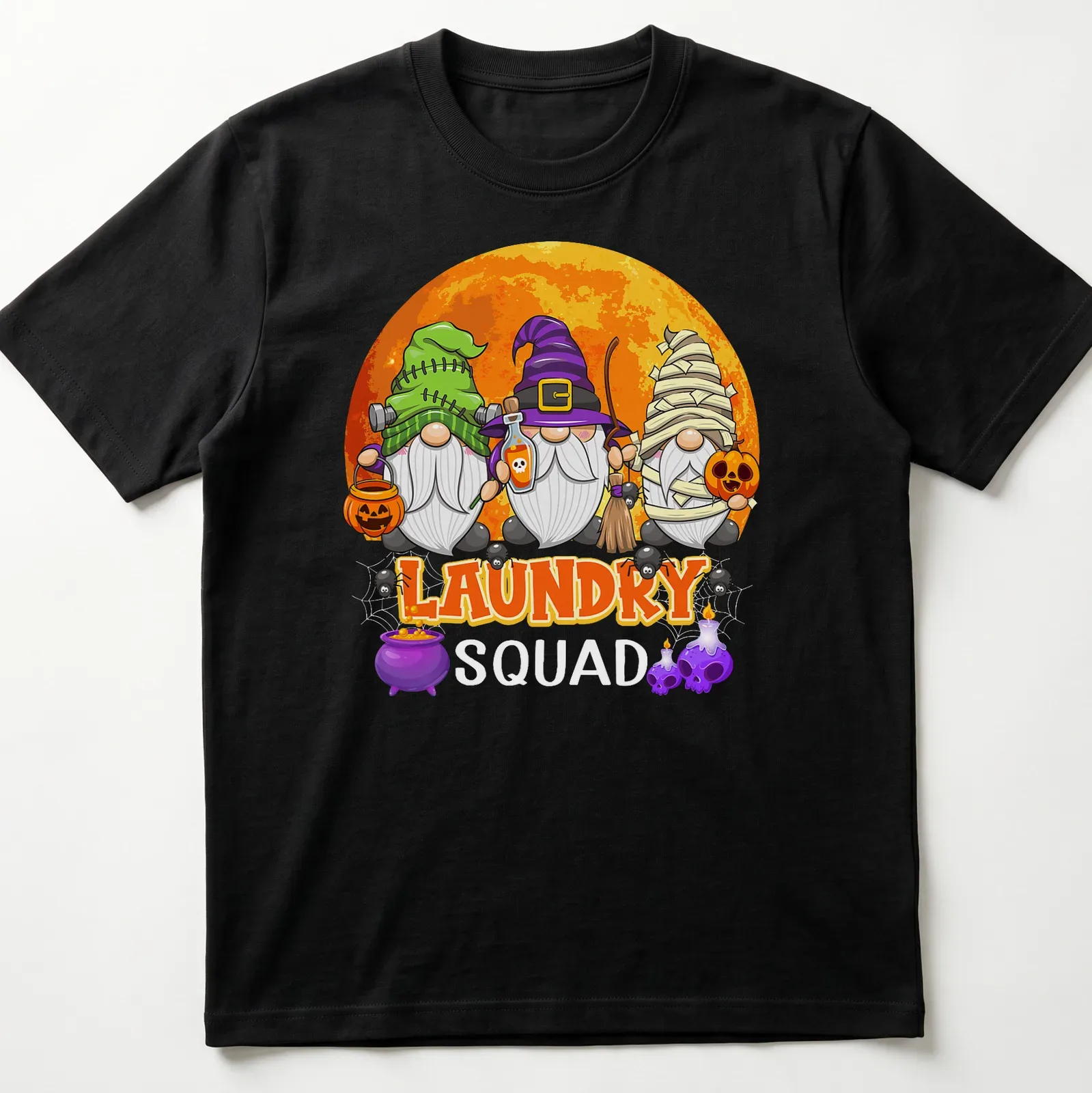 Cartoon Halloween gnomes with laundry theme and colorful text — printed on a unisex t-shirt