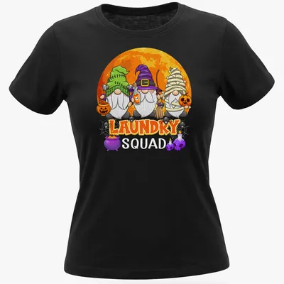 Cartoon Halloween gnomes with laundry theme and colorful text — printed on a women's shirt